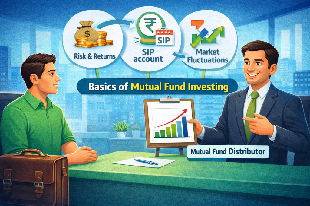 Mutual fund distributor explaining basics like SIP, risk and returns, and market fluctuations to a new investor