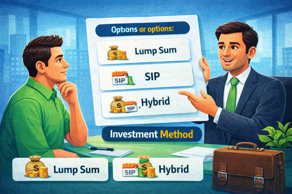 Comparison of mutual fund investment methods including SIP, lump sum, and hybrid options explained to a beginner investor