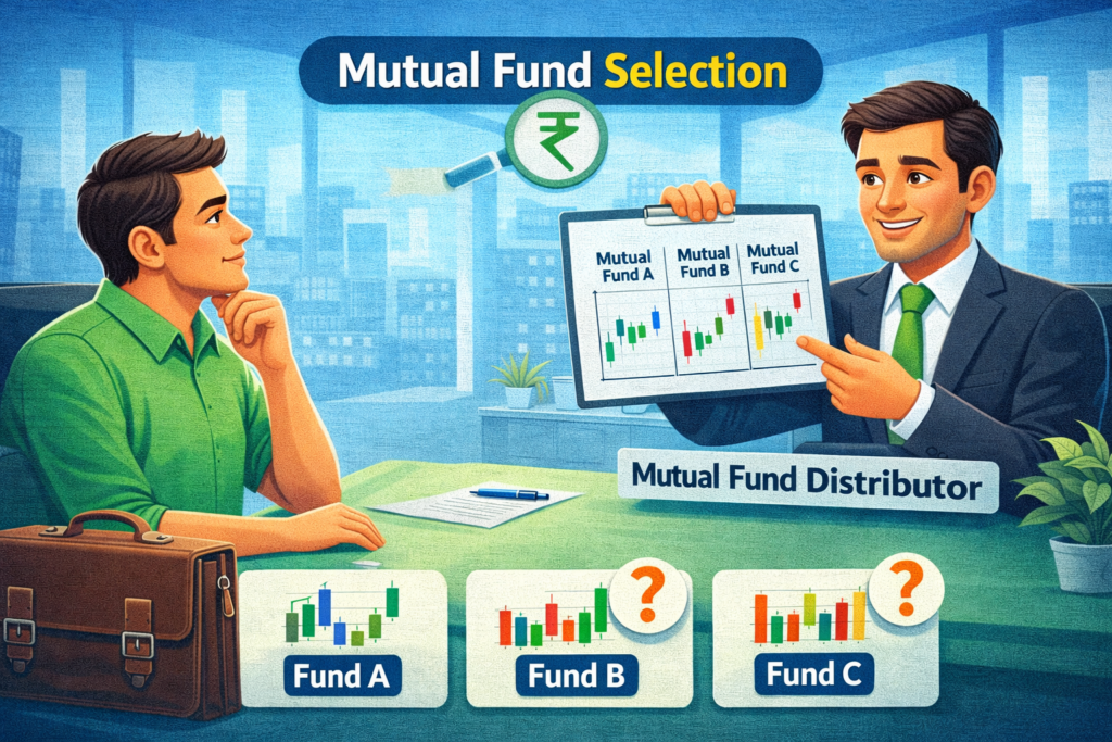 Mutual fund selection process showing comparison of different funds with guidance from a financial advisor