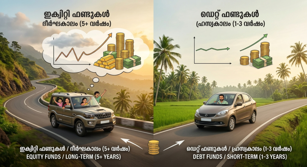 A split-screen illustration contrasting short-term (1-3 years) and long-term (5+ years) mutual fund investment paths. The short-term side features a calm road with a father driving a car representing stable debt funds, while the long-term side shows a mother driving a jeep on a steep, winding mountain road representing volatile but high-growth equity funds, with labels in both Malayalam and English.