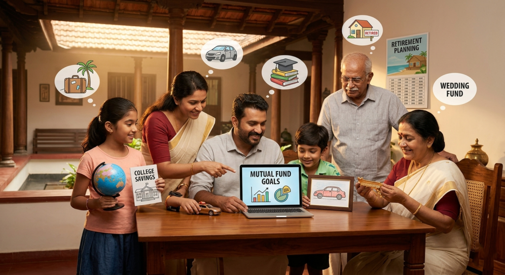 A multi-generational Kerala family gathers around a laptop in their traditional home to discuss and visualize their mutual fund investment goals, represented by thought bubbles illustrating education, travel, a car, and retirement planning