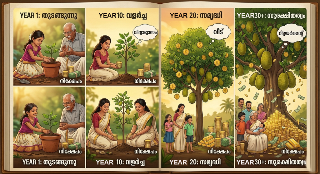 A sequential, four-panel illustration showing a Kerala family and a jackfruit tree growing over 30+ years, visually demonstrating the power of compounding as a small initial seedling and investment multiply into a monumental tree dripping with coins and wealth by year 30, with time stages labeled in Malayalam.