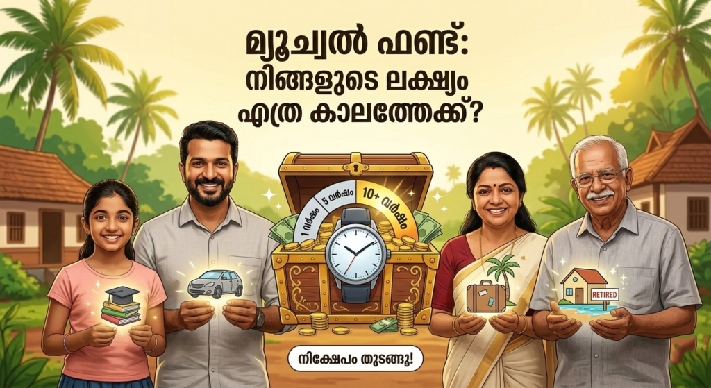A square social media infographic featuring bold Malayalam text asking "Mutual Fund: How long for your goal?". The central focus is a treasure chest with a watch face displaying different investment durations (1, 5, and 10+ years) in Malayalam, surrounded by money and goal icons, with a call to action to start investing below.