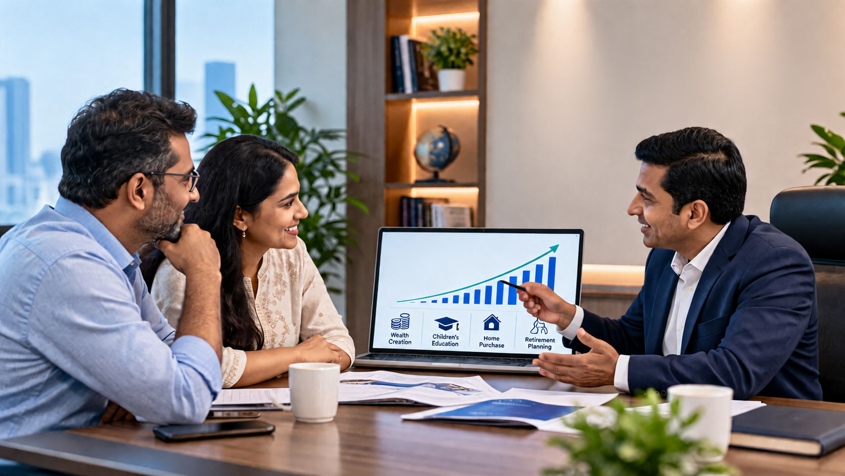 Financial expert discussing mutual fund investment goals with an Indian couple