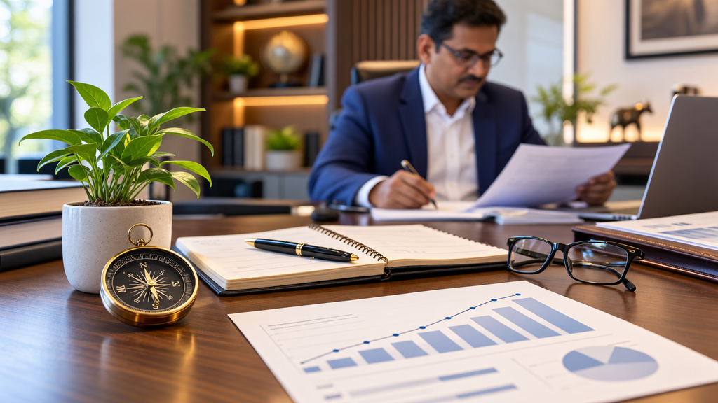 Financial expert reviewing a long-term investment plan in a professional financial planning workspace.