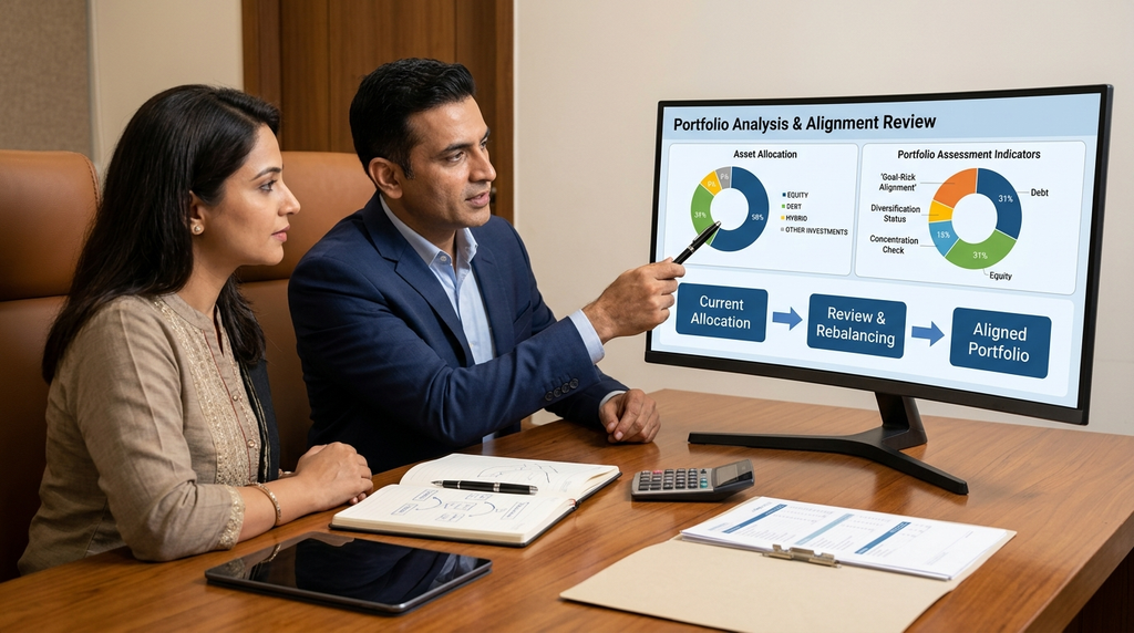 Financial advisor reviewing an investment portfolio allocation with an Indian investor